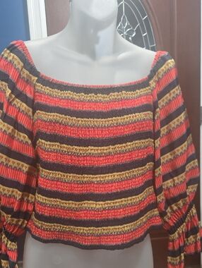 Ranna Hill Striped Smocked Top in Red, Black & Mustard, NWT, S